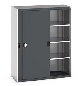 Bott cubio cupboard with lockable sliding doors 1600mm high x 1300mm wide x 525mm deep and supplied with 3 x 160kg capacity shelves.   Ideal for areas with limited space where standard outward opening doors would not be suitable.... Bott Cubio Sliding Solid Door Cupboards with shelves and drawers 1600mm high option available